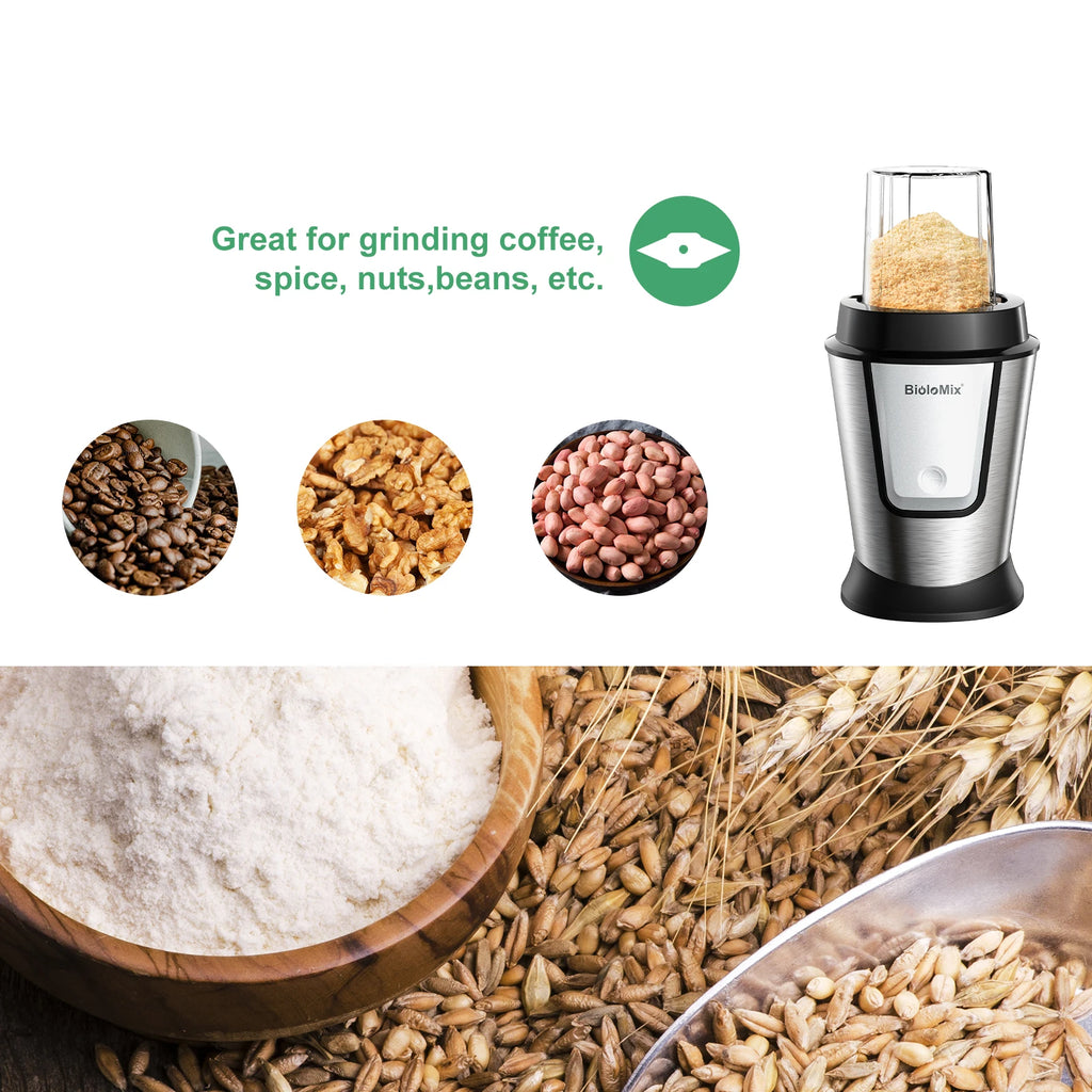 Silver electric spice and coffee bean grinder with a black base and clear plastic cup, showing various ground ingredients.