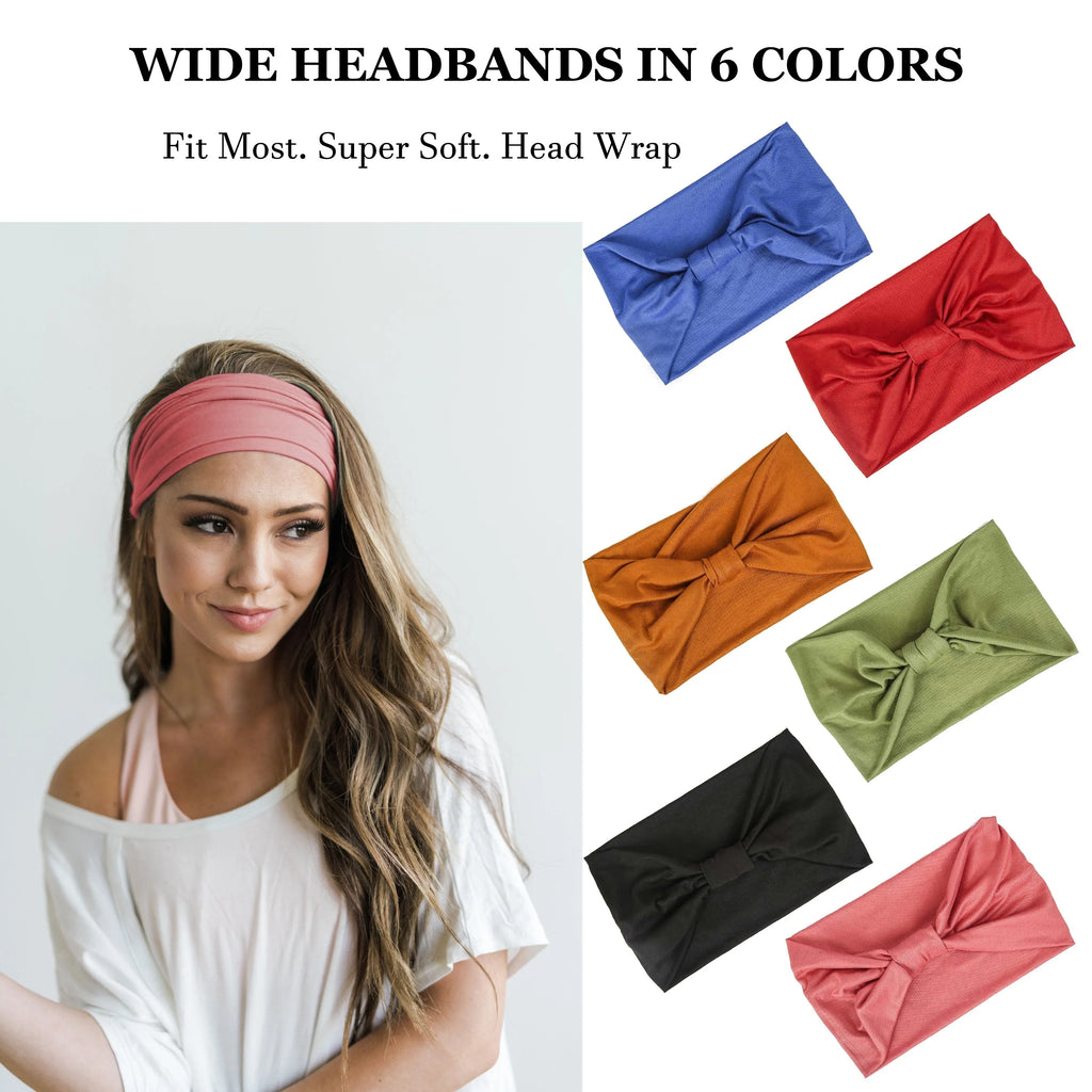 A woman wearing a pink wide headband, alongside six soft knotted headbands in blue, red, gold, green, black and pink.