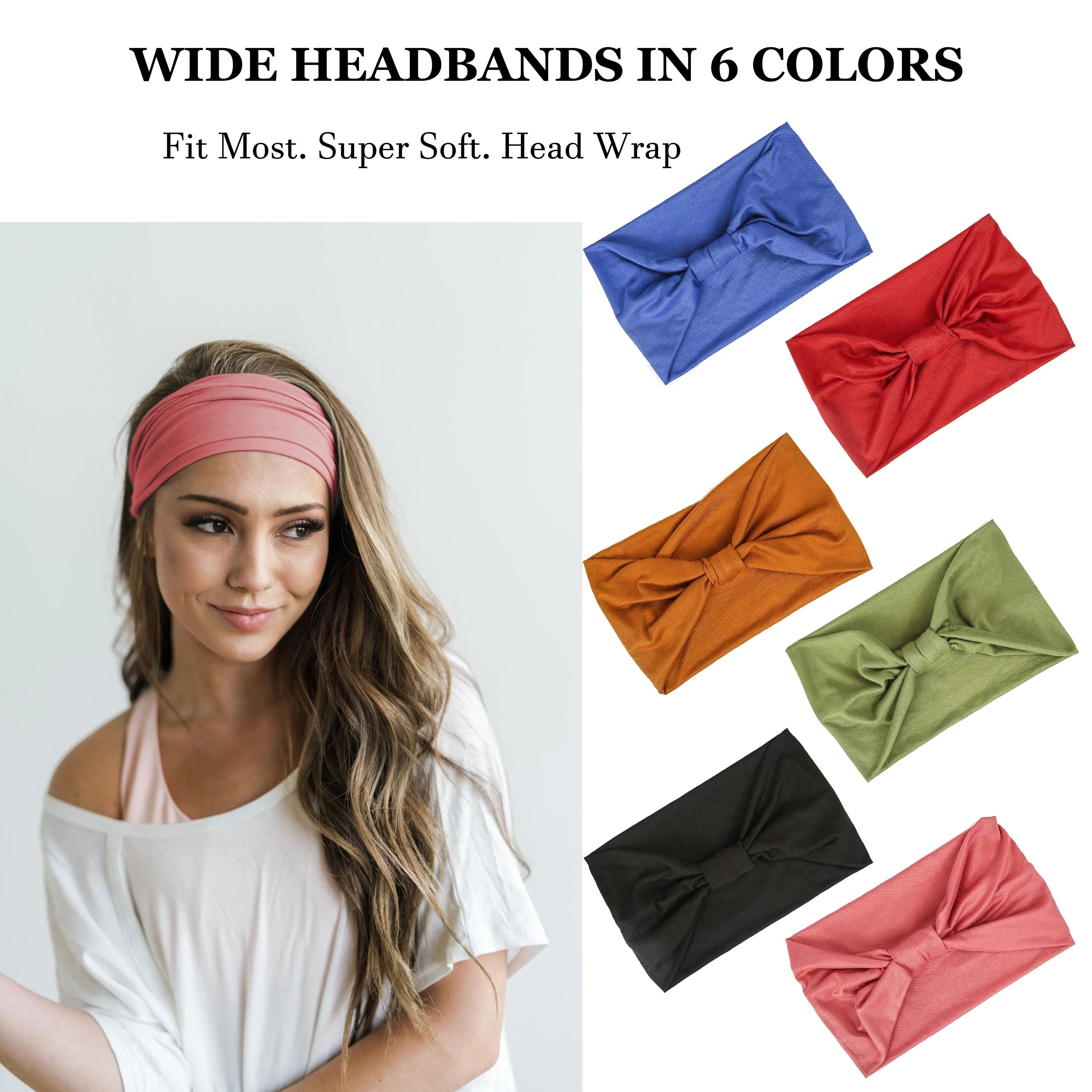A woman wearing a pink wide headband, alongside six soft knotted headbands in blue, red, gold, green, black and pink.