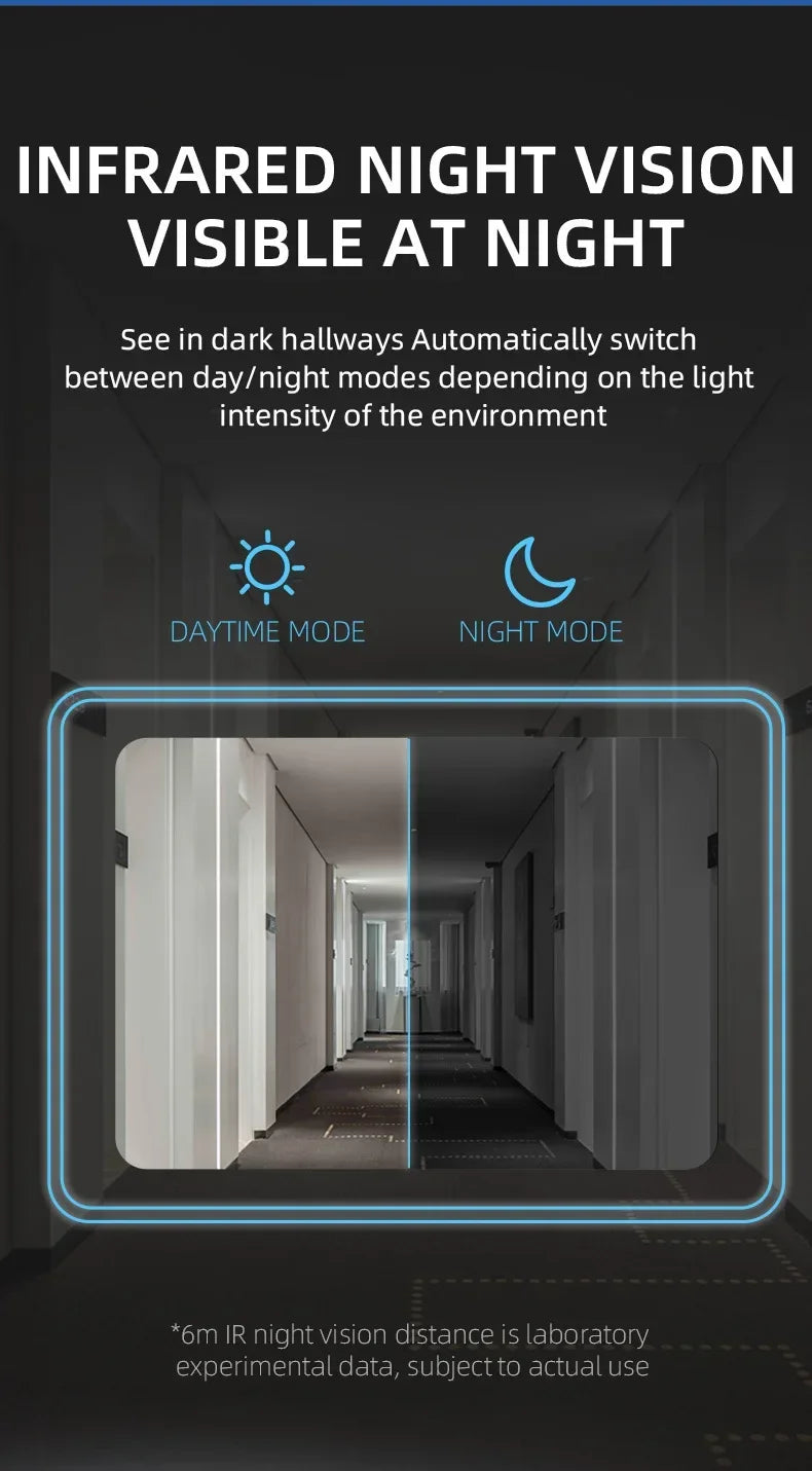 Split-screen comparison showing the video doorbell's clear colour daytime and infrared night vision hallway views.