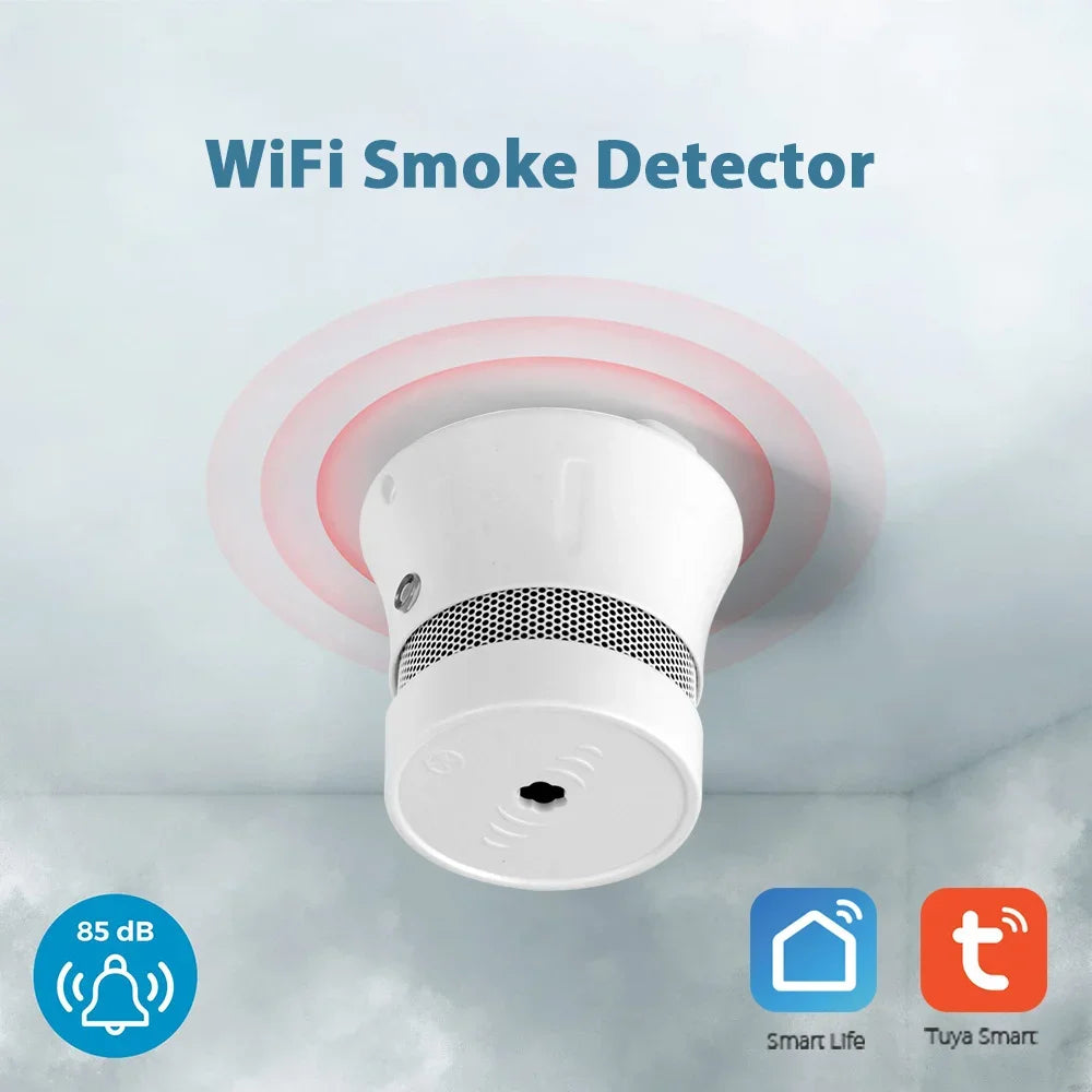 White smart WiFi smoke detector mounted on a ceiling, featuring an 85dB alarm and wireless connectivity.