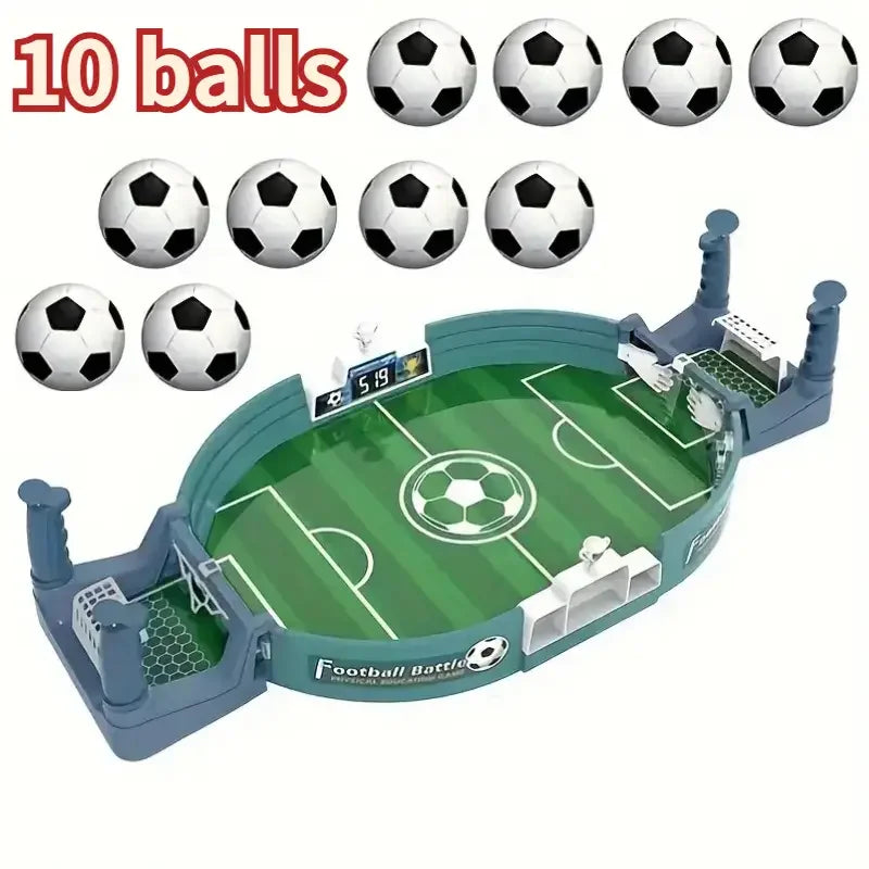 Tabletop football game in teal with a green pitch, goal nets, manual scoreboards, and ten small soccer balls included.