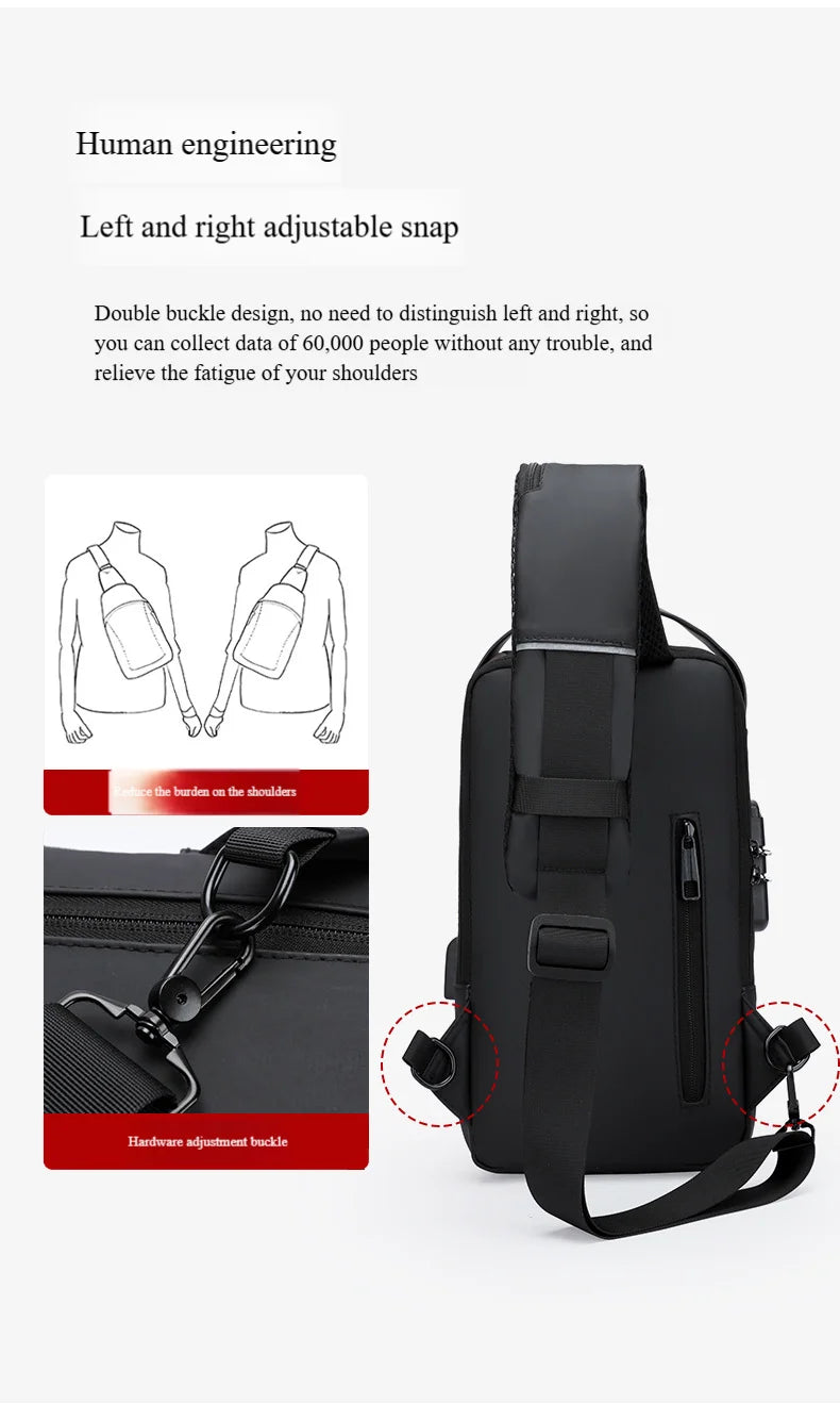 Black anti-theft crossbody chest bag with USB port, password lock, and adjustable strap for left or right-side wear.