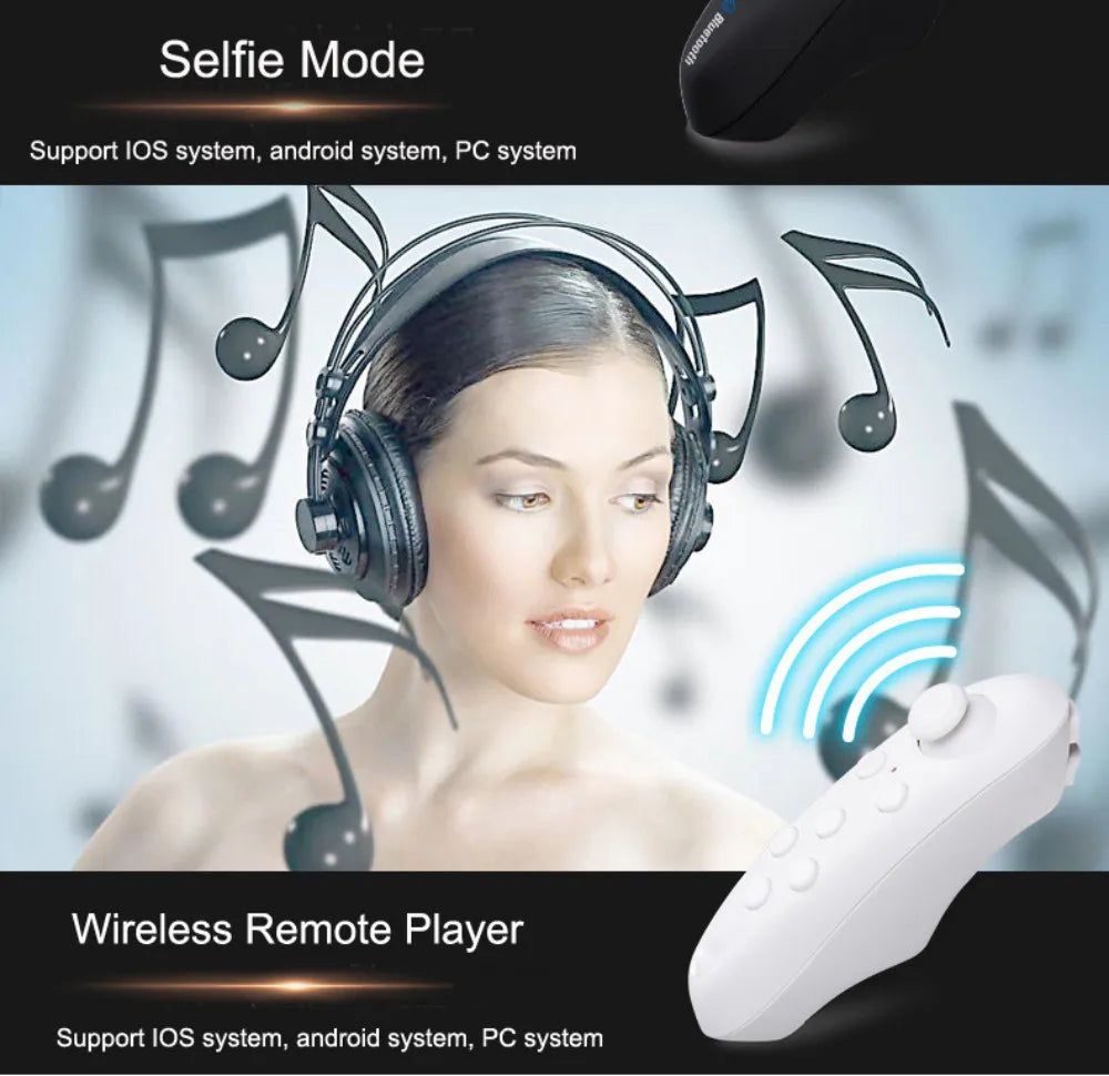 A woman wearing black over-ear headphones next to a small, white ergonomic wireless remote controller.