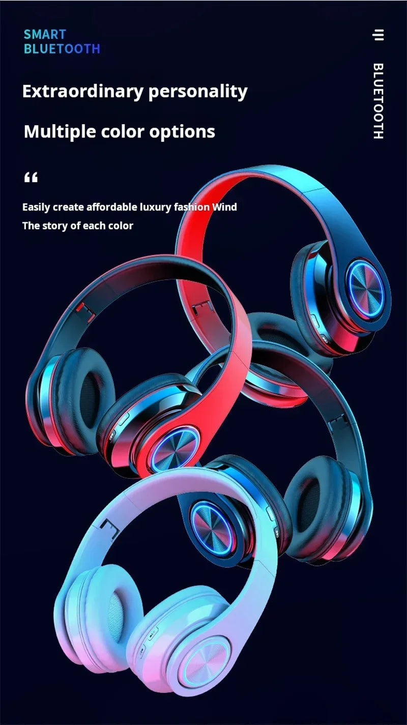 Wireless surround sound gaming headsets shown in various vibrant colours with a sleek, modern design.