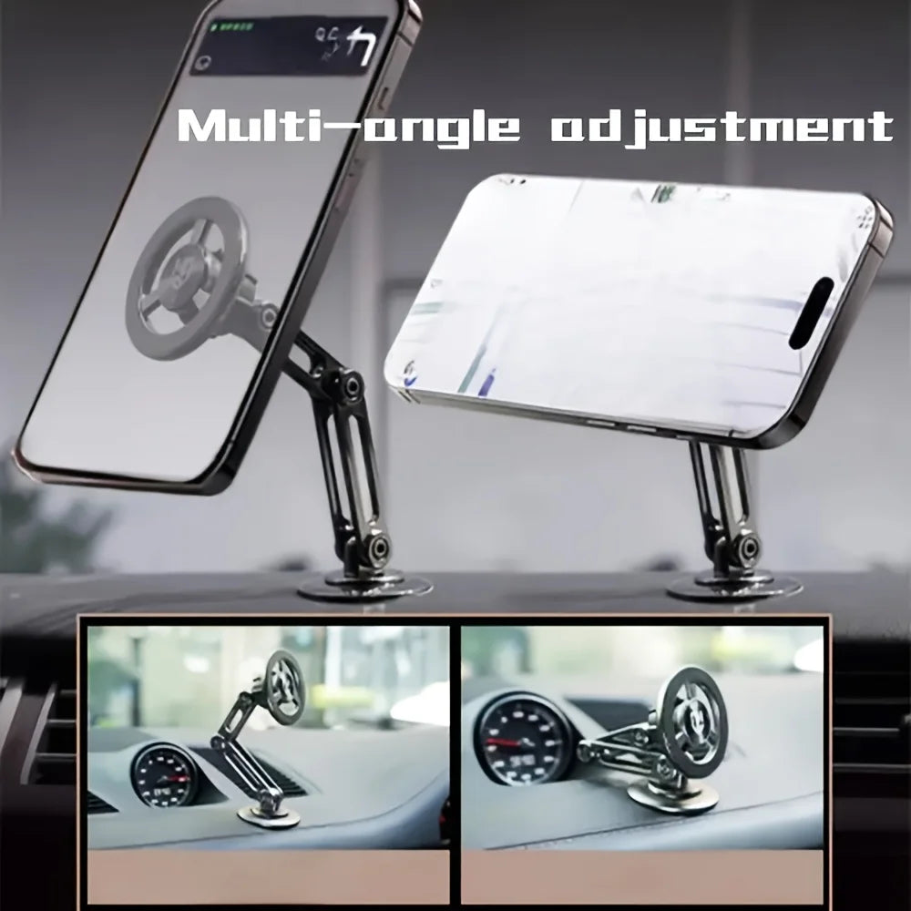 Adjustable black metal car phone mount with a magnetic circular head, shown in portrait and landscape orientations.