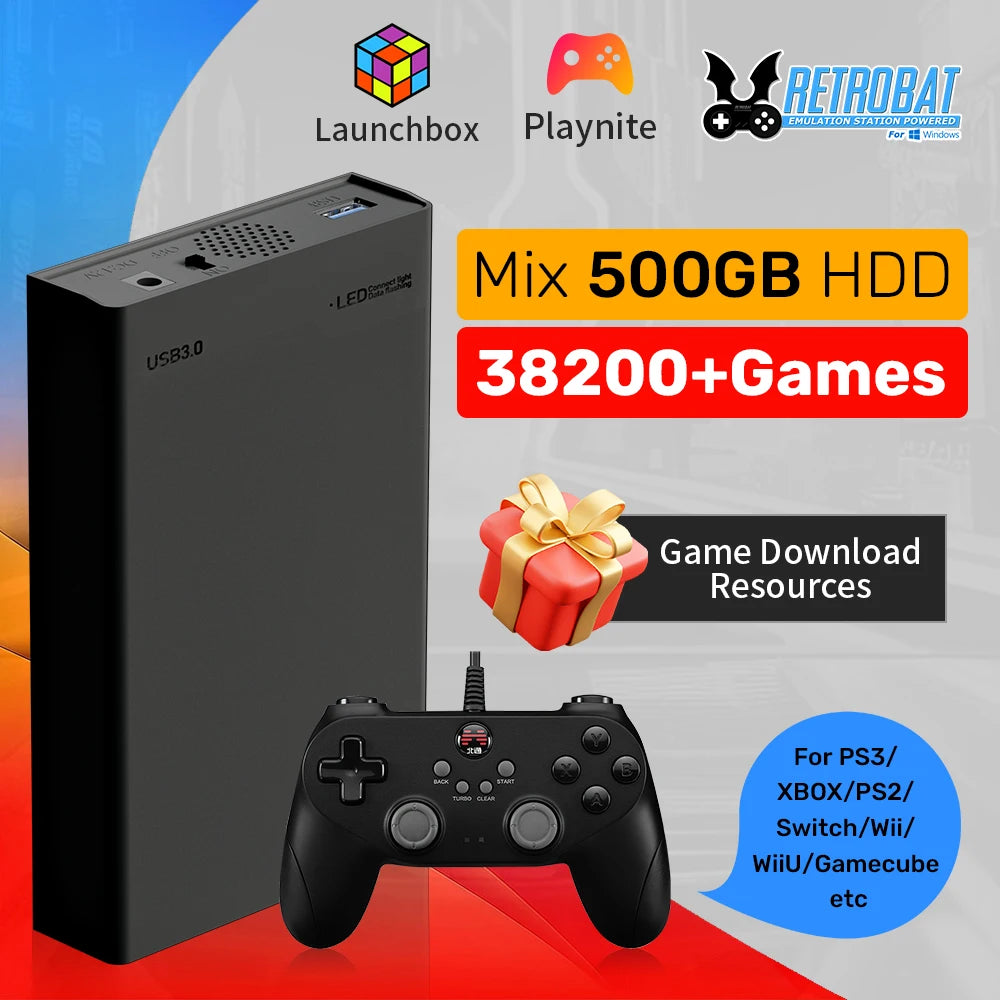 Black 500GB gaming hard drive console with USB 3.0 port and matching black wired game controller.