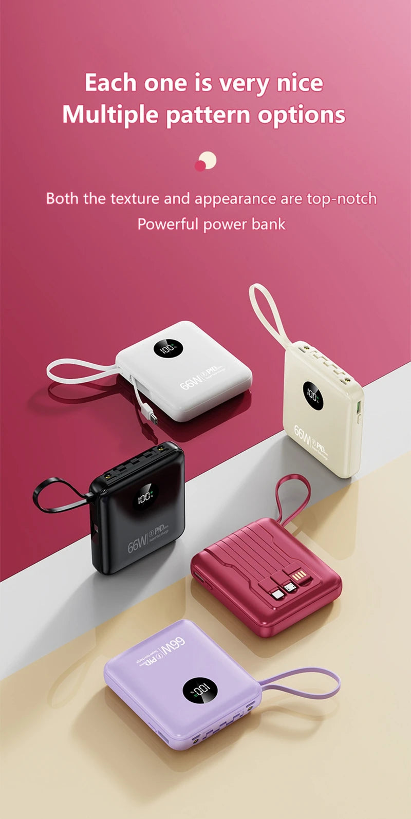 Five colourful portable power banks with digital displays, integrated charging cables, and matching carry loops.
