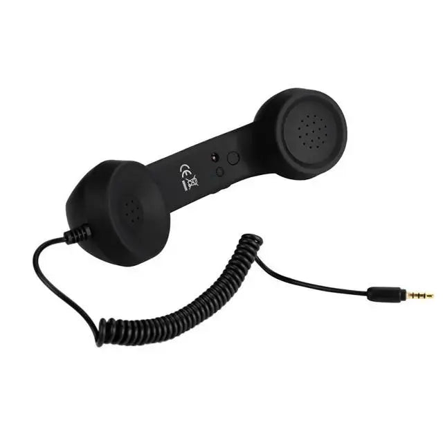 Retro-style black telephone handset with a coiled cord and 3.5mm jack for mobile devices.