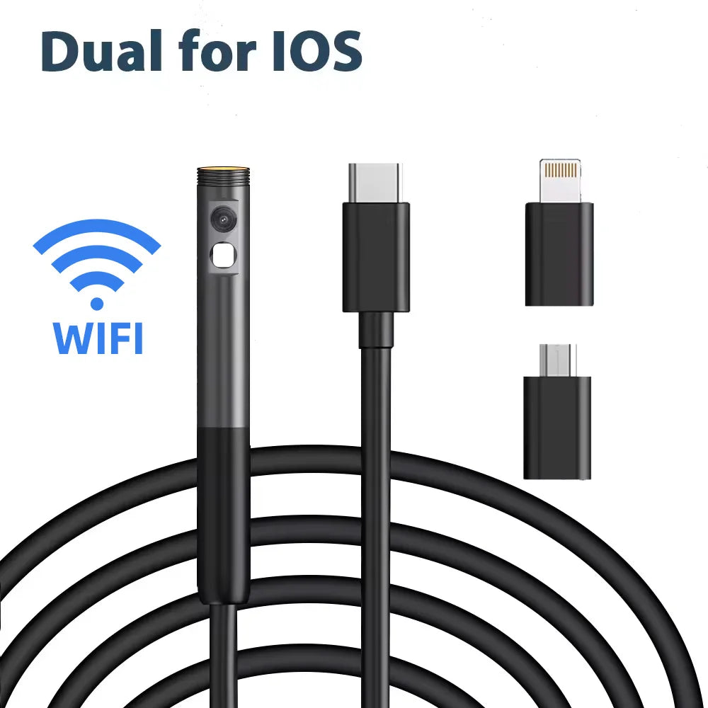 Black industrial inspection camera with Wi-Fi, cable, and multiple charging adapters for mobile device connectivity.
