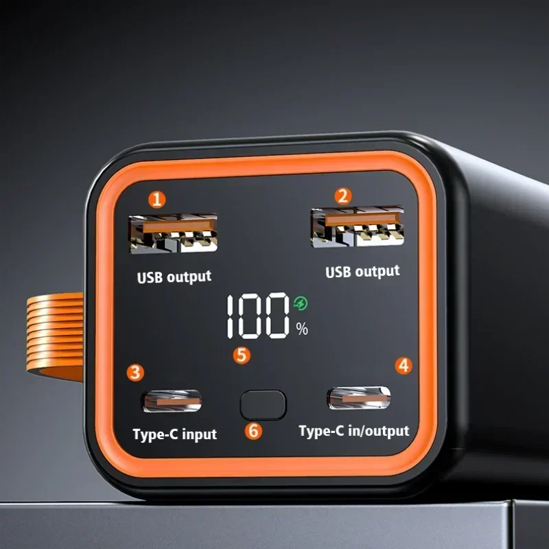 Black 20,000mAh power bank with orange trim, LED charge display, two USB outputs, and two USB-C ports.