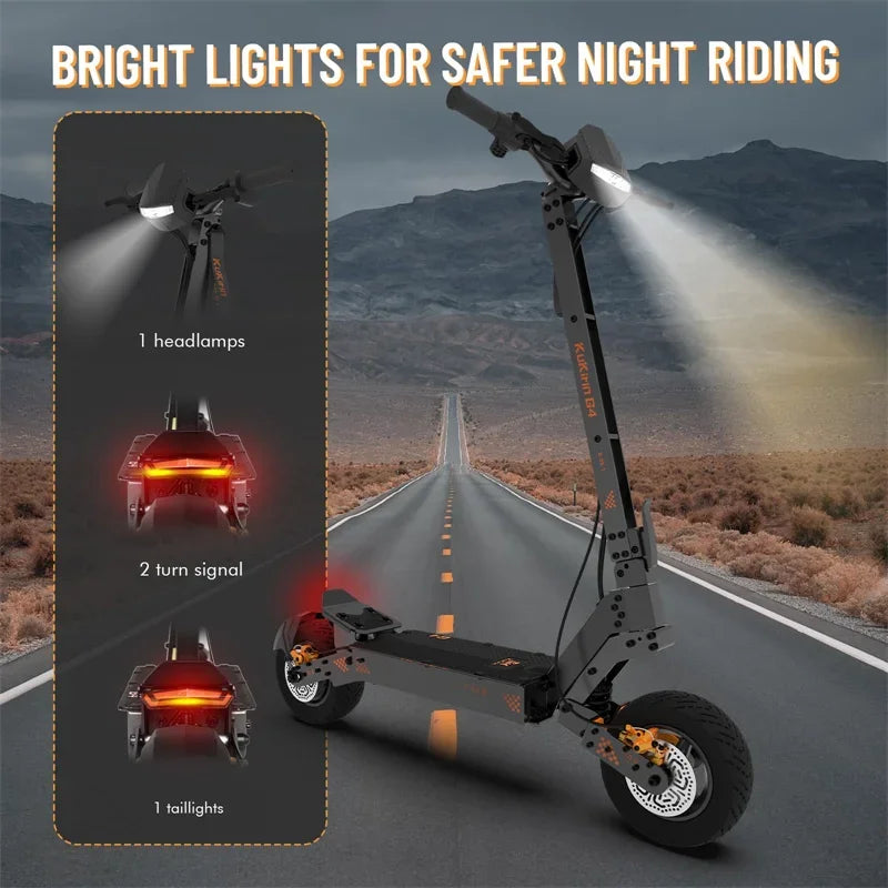 KuKirin G4 dark grey electric scooter with large off-road tires, a glowing headlight, and illuminated rear turn signals.