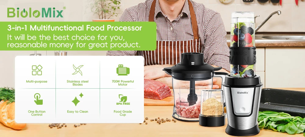 3-in-1 black and stainless steel food processor with multiple blending attachments shown in a kitchen setting.
