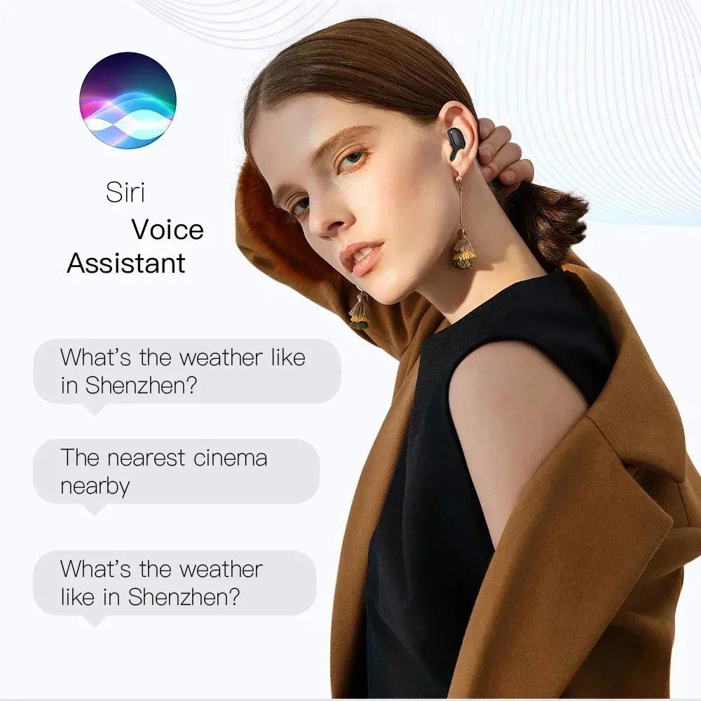 Woman wearing sleek black wireless earbuds with voice assistant features displayed on a graphic background.