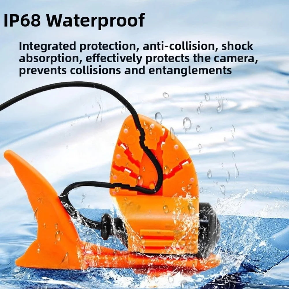Bright orange, shock-resistant underwater fishing camera casing with protective fin design.