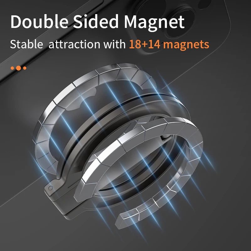 Double-sided magnetic ring accessory with a sleek grey, layered design and glowing blue light effects.