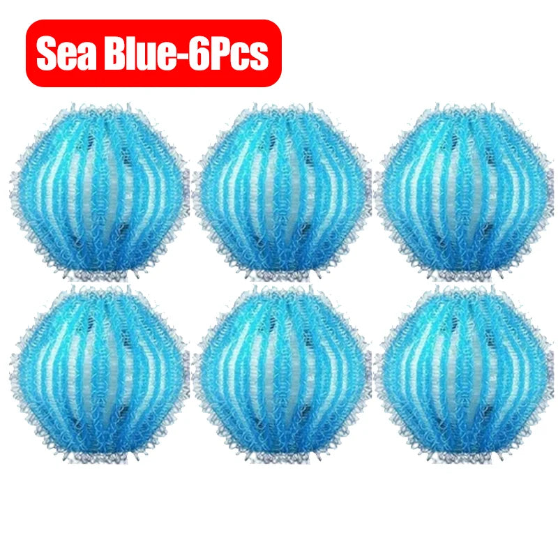 A pack of 6 round, sea-blue laundry washing balls with a textured, ribbed surface design.