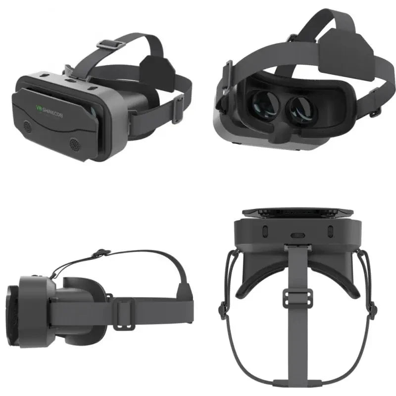 Black VR headset with adjustable straps, dual lenses, and smartphone slot shown from multiple angles.