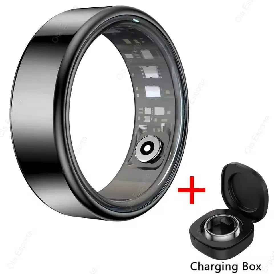 Sleek black smart health ring with an internal sensor, plus a matching black portable charging box.