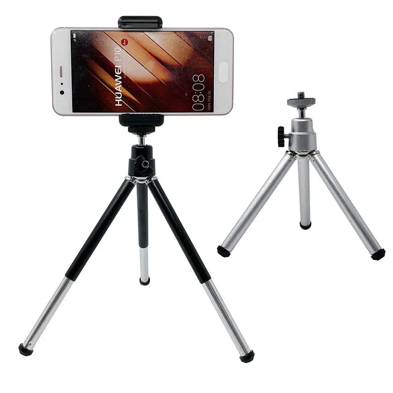 Two adjustable mini tripods, one black and one silver, featuring a smartphone holder mount and ball head.