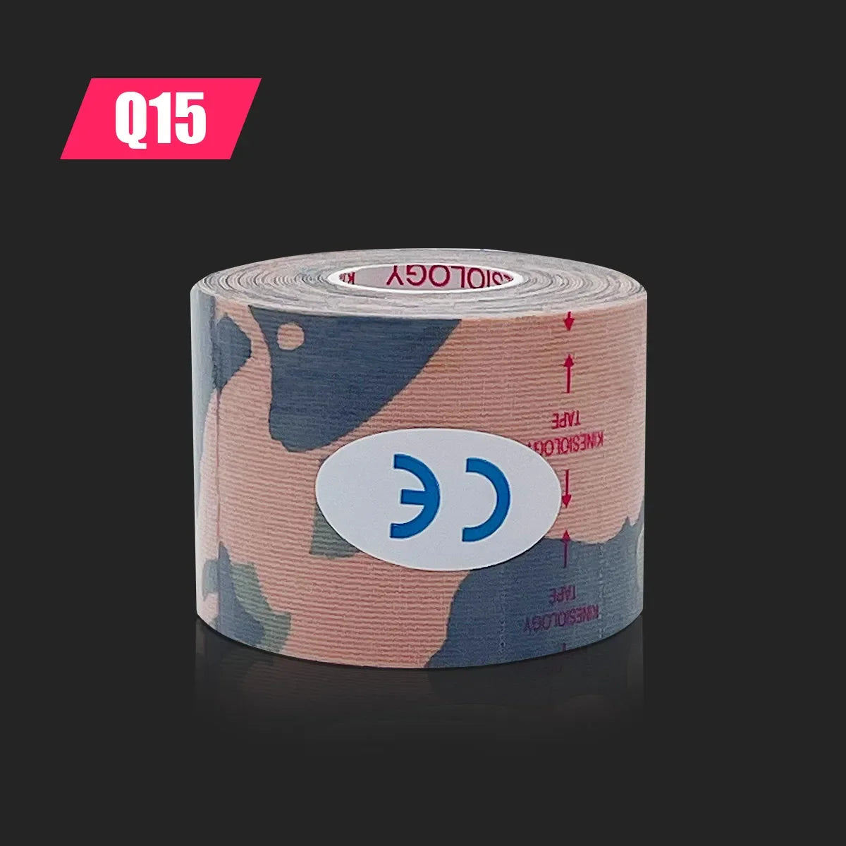 A roll of beige and blue camouflage kinesiology tape with a blue CE mark on a dark background.