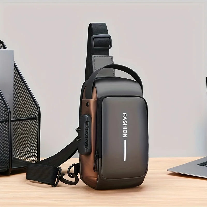 A sleek, grey and bronze anti-theft sling bag with a secure combination lock and adjustable shoulder strap.