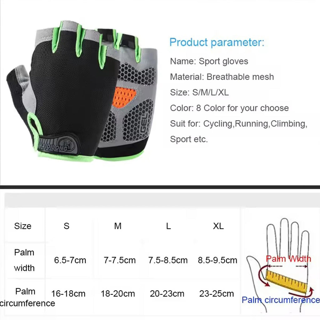 Fingerless black and grey breathable mesh cycling gloves with lime green trim and a size guide chart.
