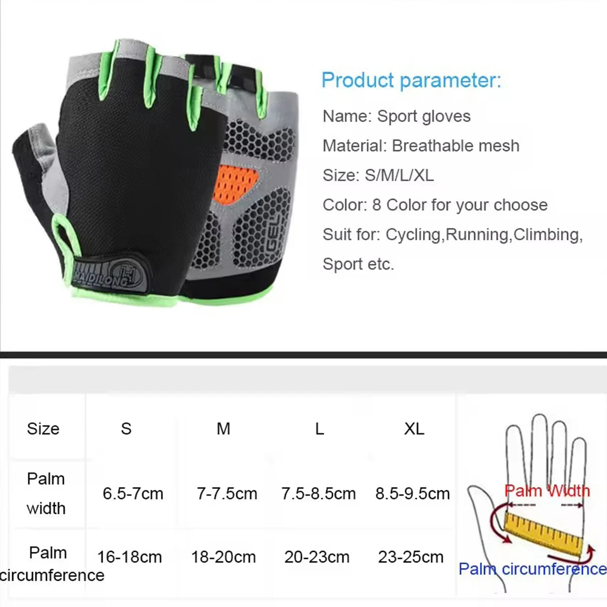 Fingerless black and grey breathable mesh cycling gloves with lime green trim and a size guide chart.