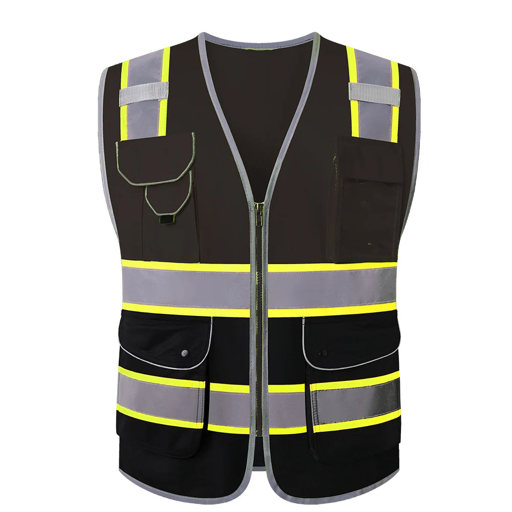 Black workwear utility vest featuring front pockets, zip fastening, and reflective yellow and silver safety strips.