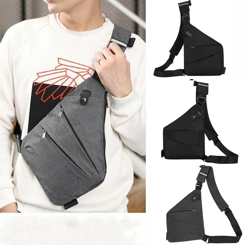 Slim, waterproof men’s crossbody chest bags in black and grey, featuring an anti-theft design with zipped compartments.