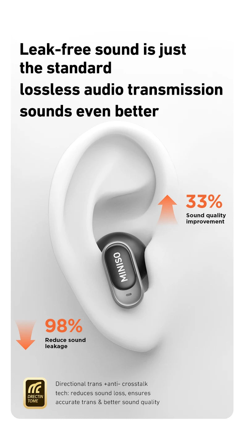 A sleek, grey wireless earbud inside a human ear, highlighted with text about improved sound quality and less leakage.