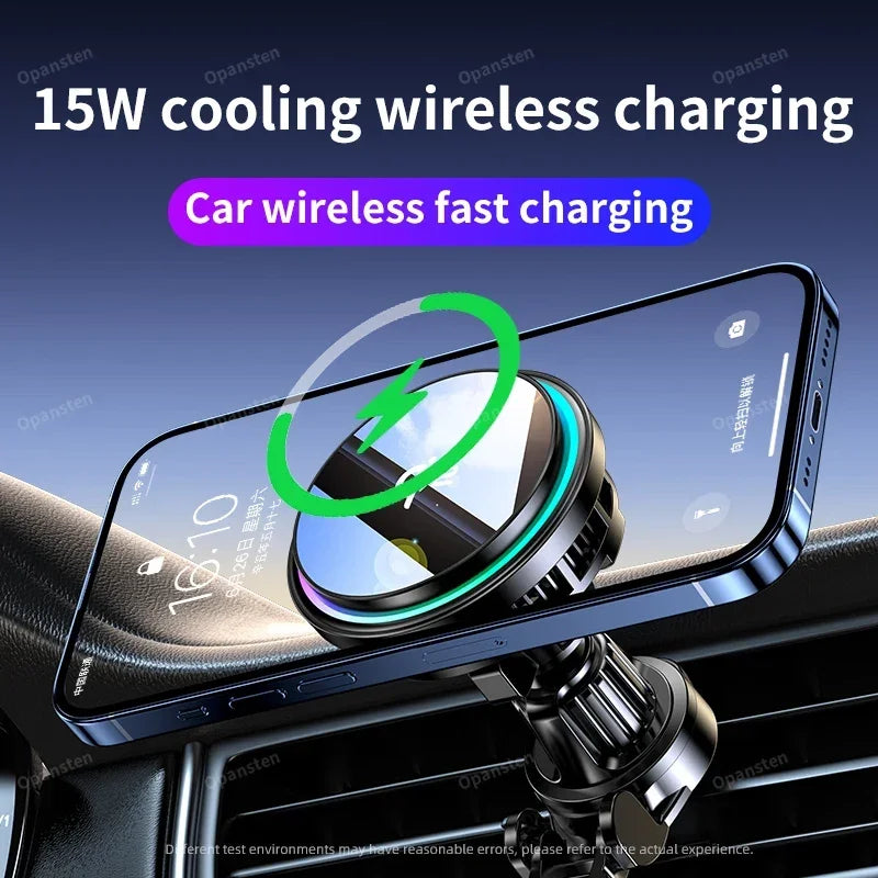 Black 15W wireless car phone charger with cooling fan and colourful circular LED light attached to a car air vent.