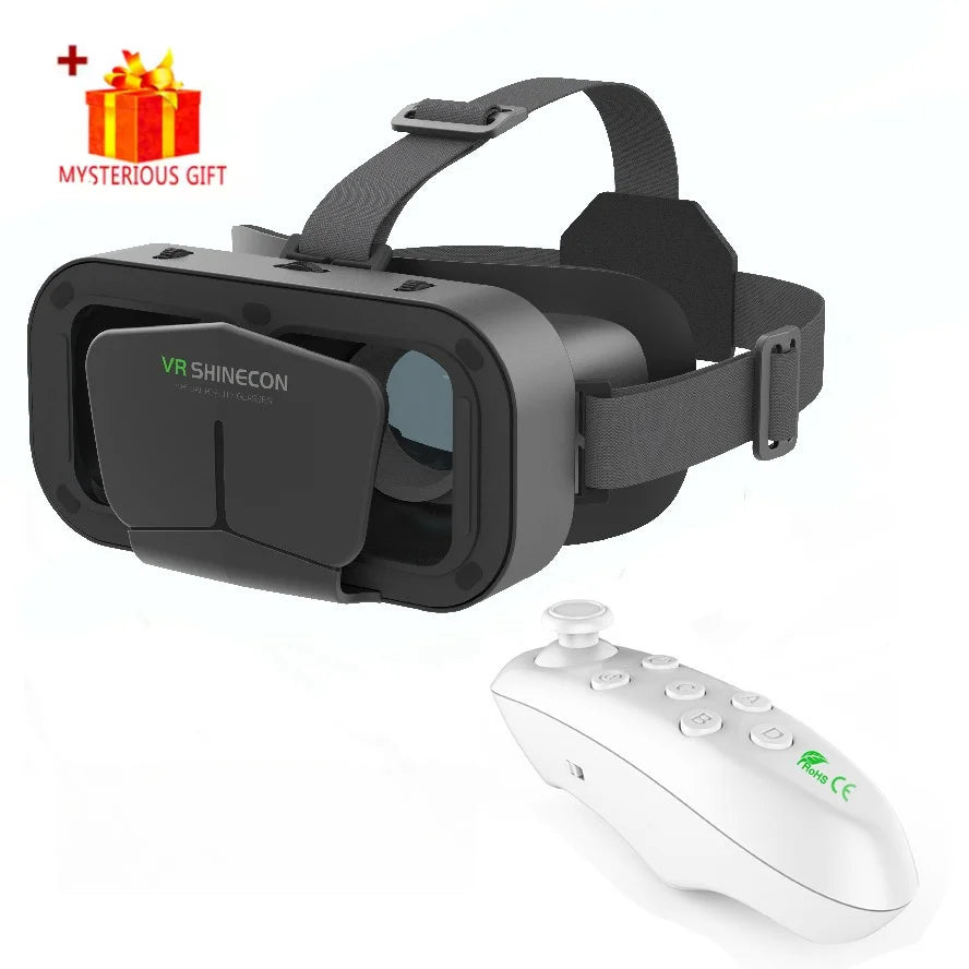 Black smartphone VR headset with adjustable head straps and a white handheld gaming controller.
