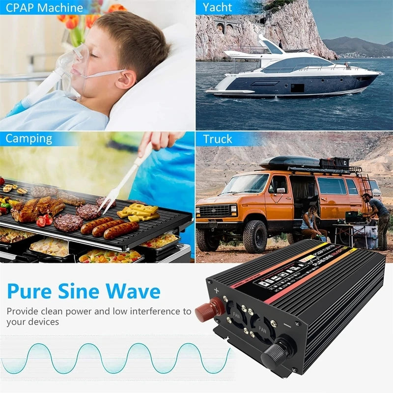 Black 12000W pure sine wave power inverter with cooling fans and terminals, shown with various outdoor use cases.