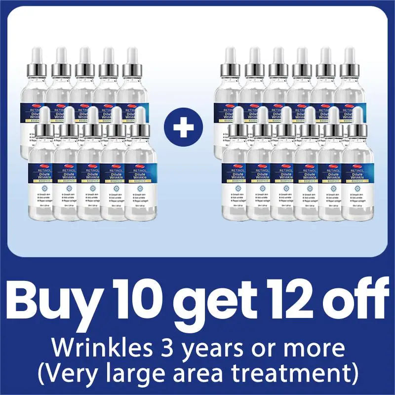Bulk offer: 12 bottles of Retinol anti-wrinkle essence in clear glass dropper bottles with blue and white labels.