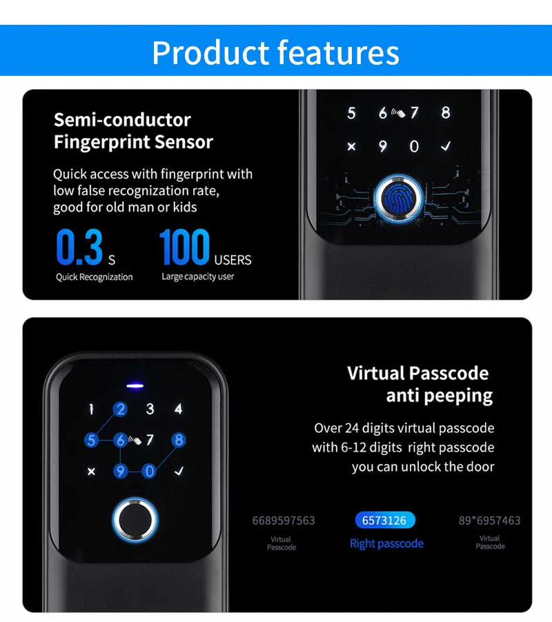 Black smart door lock with a touchscreen keypad, fingerprint sensor, and virtual passcode anti-peeping technology.