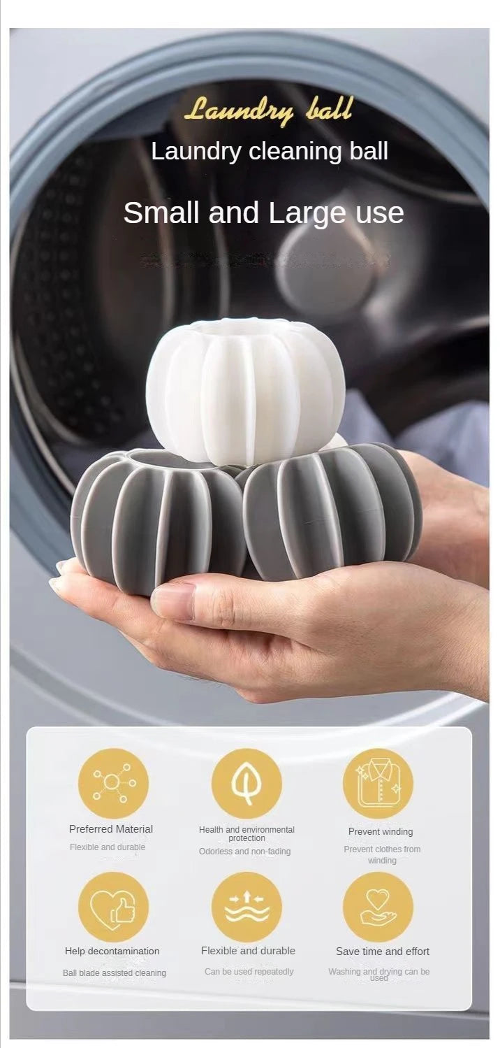Hands holding three white and grey pumpkin-shaped silicone laundry balls in front of a washing machine.