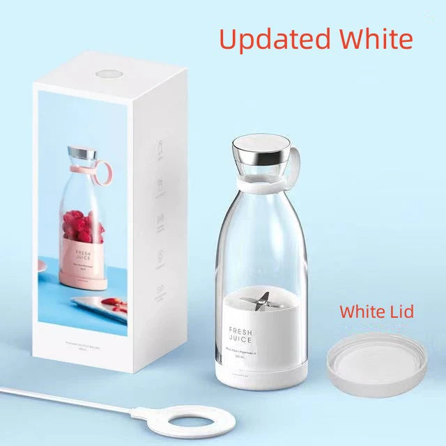 Portable blender in white, featuring a clear glass bottle, silver blades, and a matching white lid and charging cable.