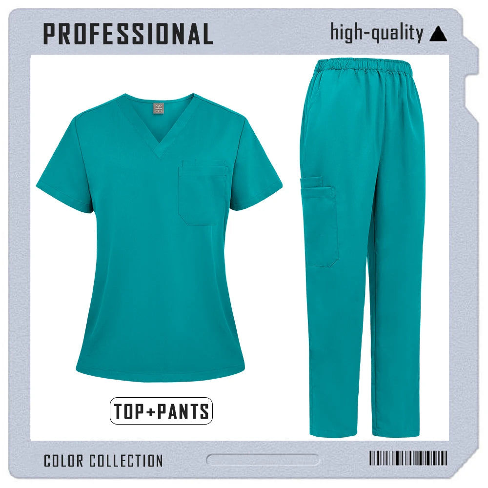 Teal medical scrub set featuring a V-neck top with a chest pocket and matching trousers with side cargo pockets.