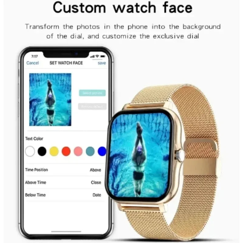 Gold smart watch with a mesh strap, shown next to a phone screen demonstrating how to customise the watch face.