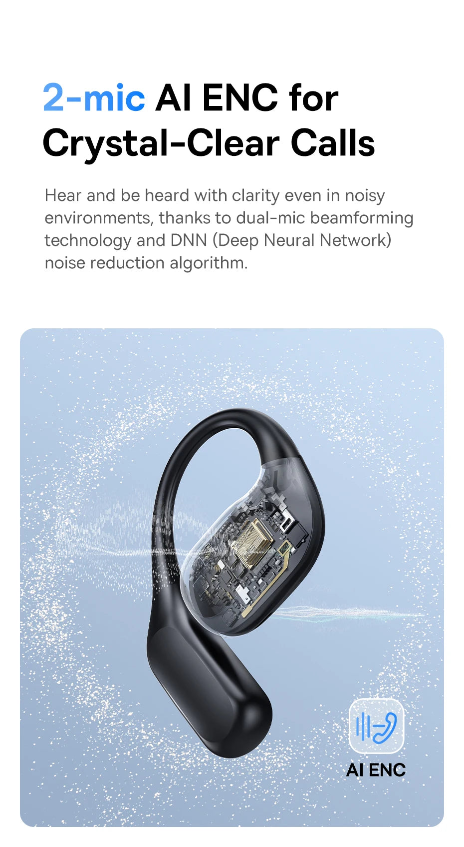 Black wireless ear-hook earbud with a transparent casing revealing internal electronics against a blue background.