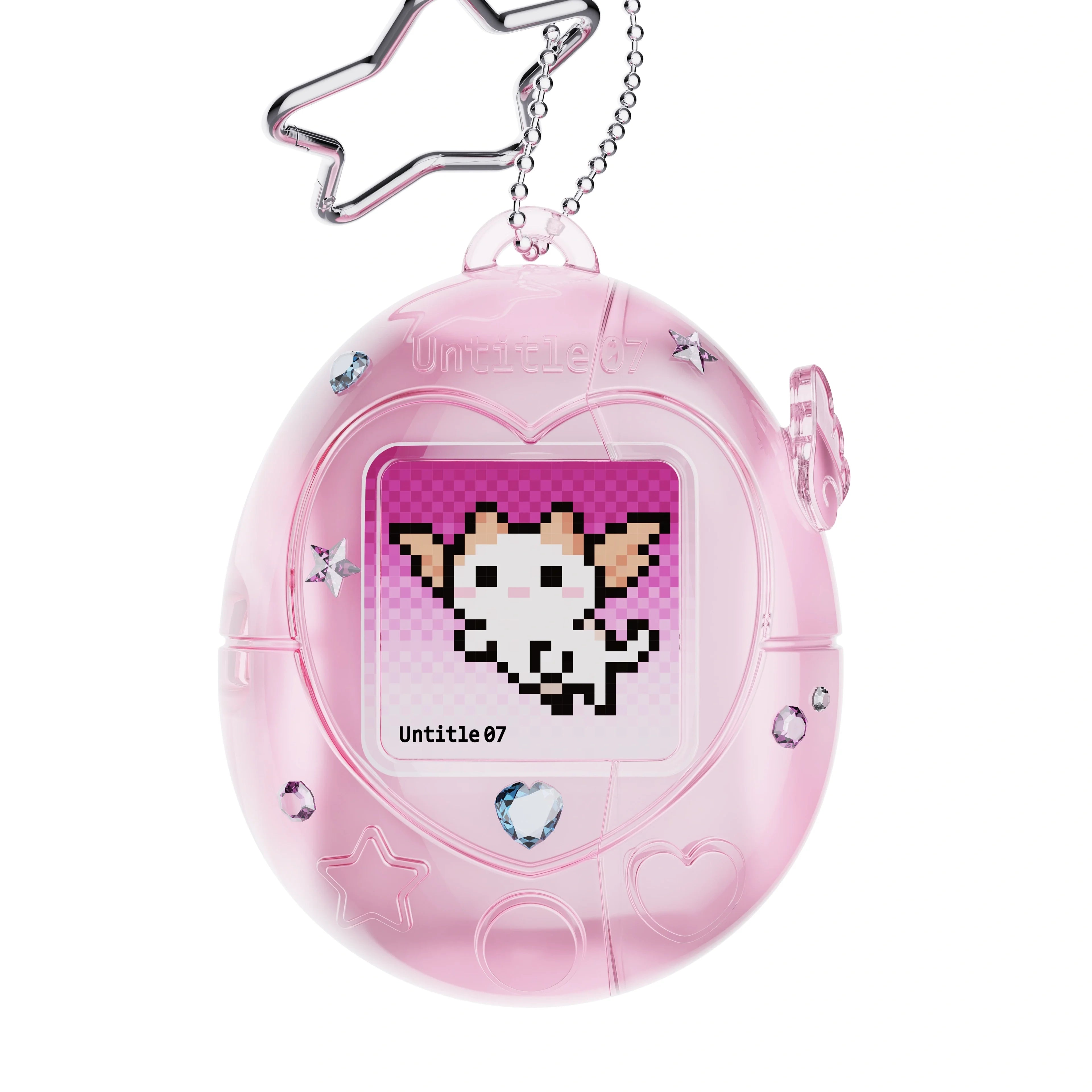 Pink translucent Tamagotchi-style AirPods case with star charm and pixel art display.