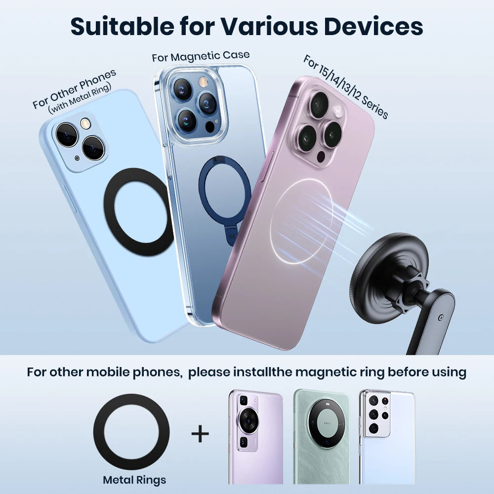 Magnetic phone mount showing three colored phone cases and metal rings for universal device compatibility.