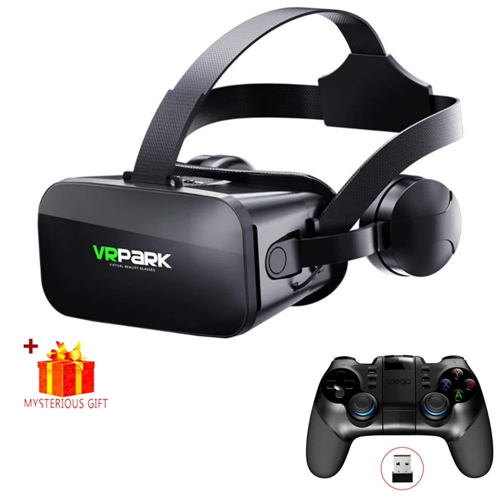 Black VR headset with integrated headphones, a game controller, and a gift icon.