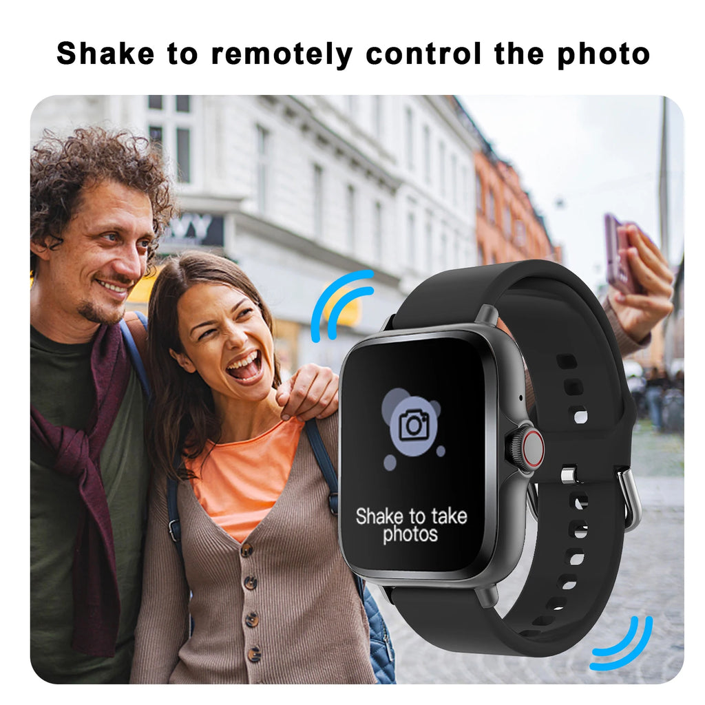 Black smartwatch with a square screen, demonstrating a remote camera shutter feature with a happy couple in the background.