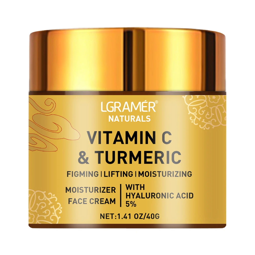 Gold jar of Vitamin C and Turmeric face cream with hyaluronic acid for firming, lifting, and moisturizing skin.
