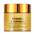 Gold jar of Vitamin C and Turmeric face cream with hyaluronic acid for firming, lifting, and moisturizing skin.