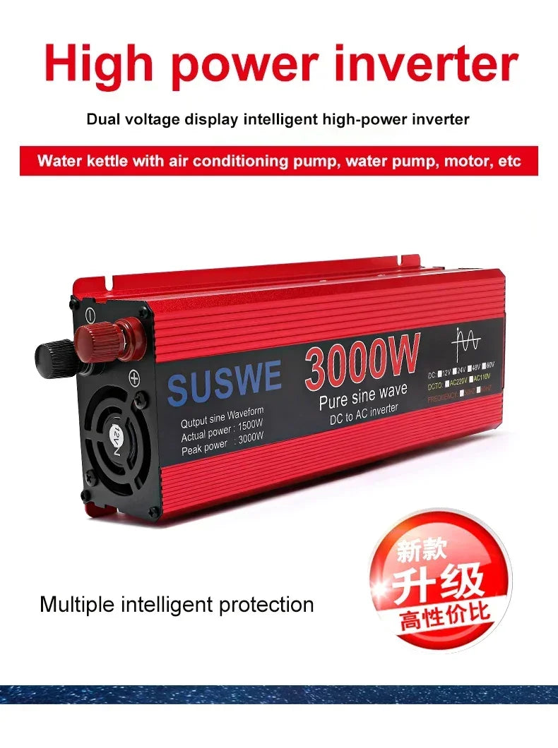 Red 3000W pure sine wave car power inverter with cooling fan and terminals on a white background.