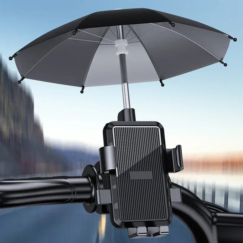 Black mobile phone holder for bicycles and motorcycles with an attached mini sunshade umbrella for screen protection.