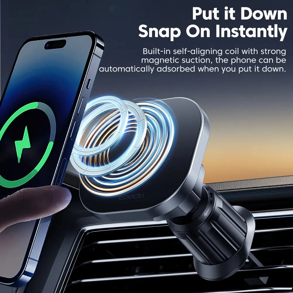 Black magnetic car phone mount for air vents, showing a smartphone attaching to the glowing circular charger.